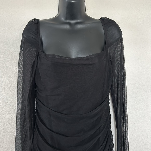 Princess Polly Charvi Black Mesh Long Sleeve Square Neck Ruched Mini Dress - Picture 5 of 11